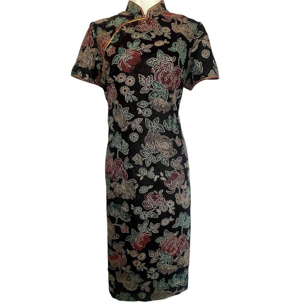 Vintage 80’s Black Velvet Burnout Embroidered Chinese Cheongasm Size 15